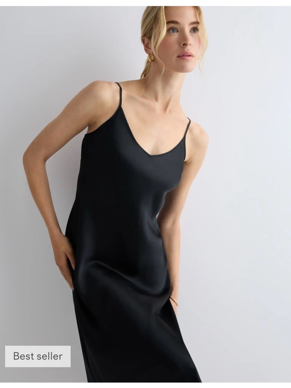 Quince Black Satin Slip Midi Dress